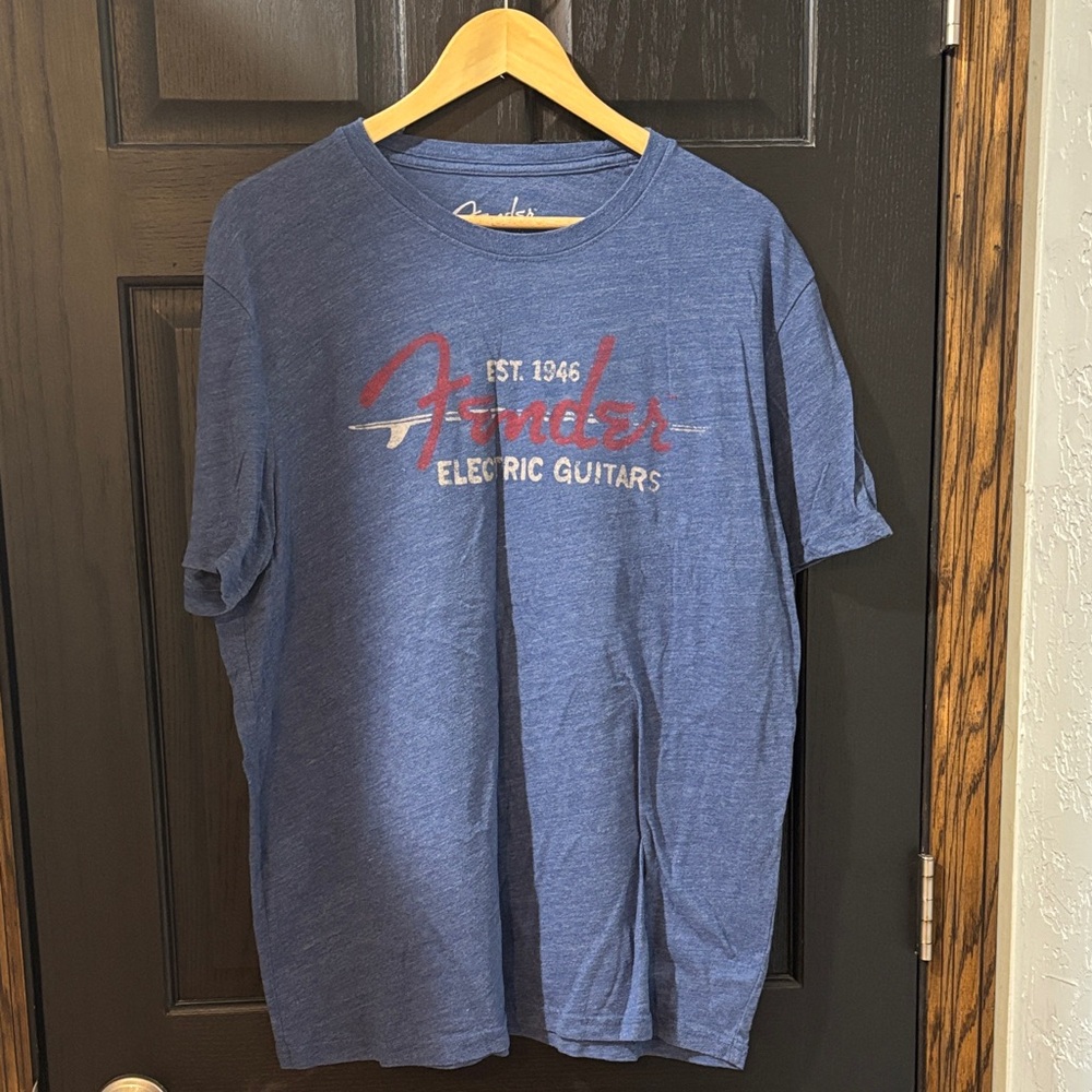 Fender Heather Blue Graphic Tee with Red & White Logo